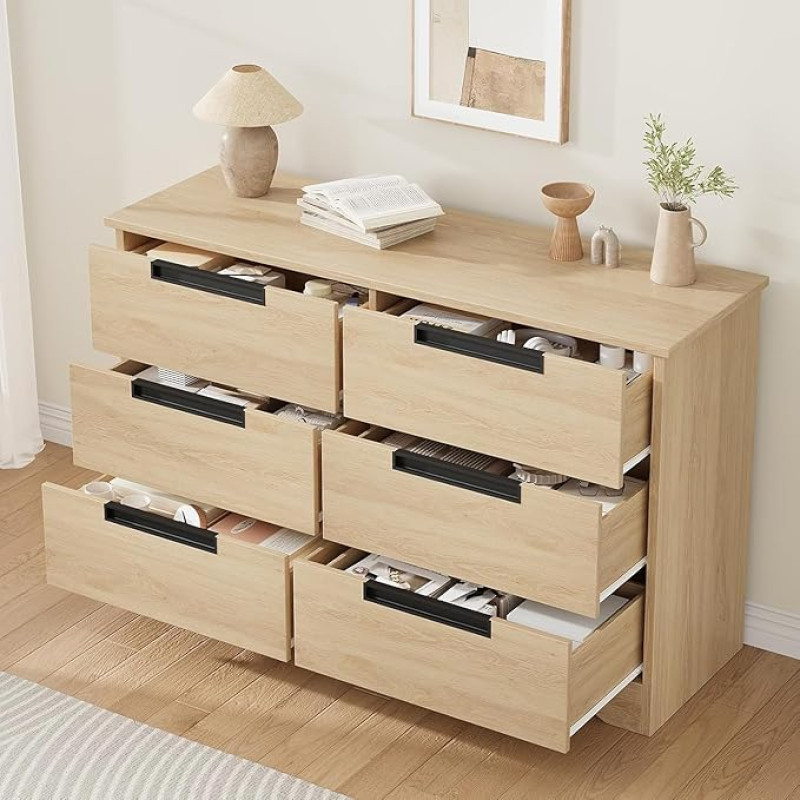 Moderne Kommode mit 6 Schubladen aus Holz - Viel Stauraum - Integrierte Griffe - Für Schlafzimmer, Wohnzimmer, Flur oder Kinderzimmer - Breite Doppel-Kommode - 120 x 40 x 74cm, Holzfarbe
