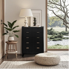 Kommode mit 5 Schubladen, Hohe Fluted Kommode 80 x 40 x 120cm mit Elegante Metallgriffe, Anti-Kipp-Sicherung, Vielseitiges Aufbewahrungsmöbel für Wohnzimmer, Schlafzimmer, Flur & Garderobe, Schwarz