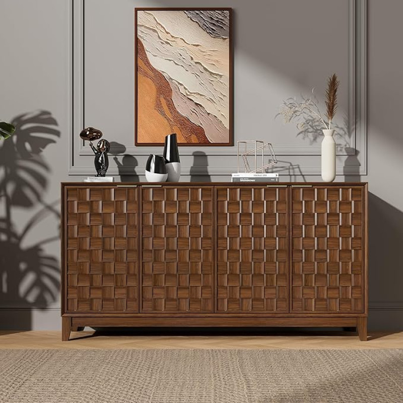 COLAMY Sideboard 150 cm Holz mit Stauraum - Modernes Sideboard für Wohnzimmer, Küchenschrank mit verstellbaren Einlegeböden, Buffet Schrank mit 3D Holzfront, Walnut