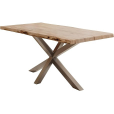 Kopenhagos valgomojo stalas, 220 x 100 cm, natūralios medienos stalas, akacijos medžio masyvo stalas, 50 mm lakuotas stalviršis, tvirtas ir lengvai prižiūrimas, unikalus, voratinklinis rėmas, metalas, sidabrinis