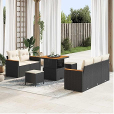 Modulares Gartensofa-Set mit Kissen 10-teilig in Schwarz und Creme aus Poly-Rattan und Akazienholz-Tisch