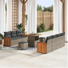 Modernes Gartensofa-Set 10teilig in Grau mit Kissen aus Poly-Rattan und höhenverstellbarem Tisch für die Terrasse mit Stahlbeinen