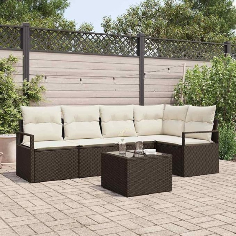 6-teiliges modulares Gartensofa-Set in Braun und Creme aus Poly-Rattan mit Kissen als Outdoor Ecksofa Garnitur für die Terrasse
