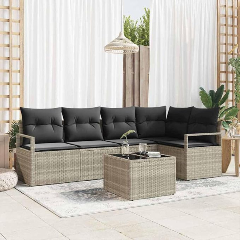 6-teiliges modulares Gartensofa-Set in Hellgrau aus Poly-Rattan mit Kissen als Outdoor Ecksofa Garnitur für die Terrasse