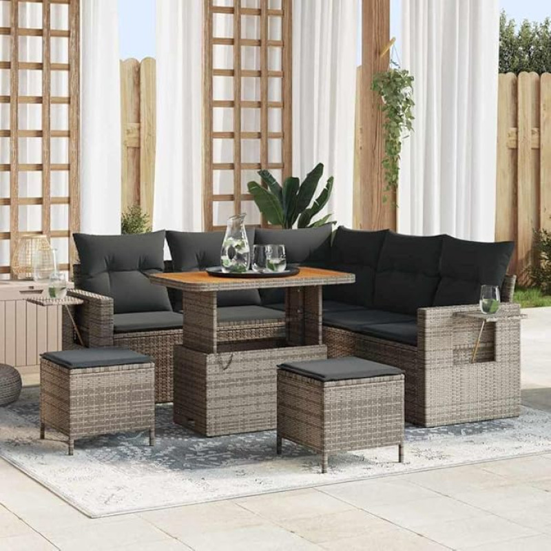 9-teiliges Gartenmöbel-Set aus Akazienholz und grauem Poly-Rattan als modulares Outdoor-Sofaset mit Kissen