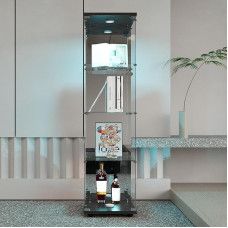 Vitrina su LED apšvietimu, 164 x 43 x 37 cm, moderni stiklinė vitrina su 4 lentynomis, 1 durelėmis, stiklinė vitrina, stovinti vitrina iš grūdinto stiklo ir medžio, skirta svetainei