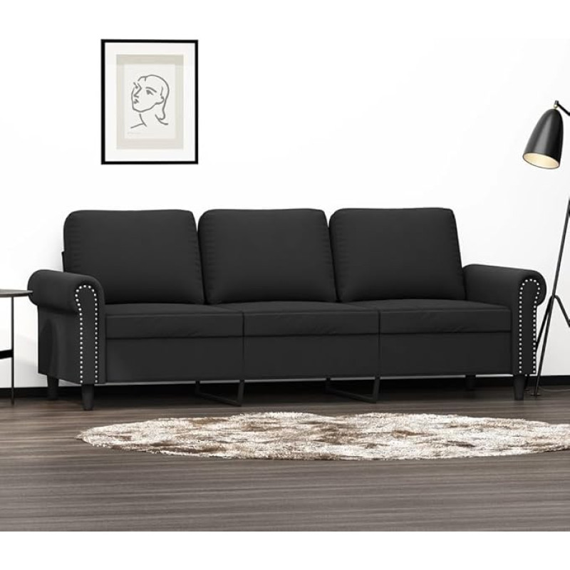 359544 3-Seater Sofa, Black, 180 cm, Velvet, Lounge Sofa, Sofas & Couches, Relax Sofa, Couch for Living Room