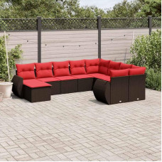 Gartensofa-Set 10-teilig braun aus Polyrattan mit Kissen und Glastisch