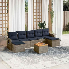 8-teiliges Gartensofa-Set mit Kissen in grauem Polyrattan, Gartenmöbel Set 8-teilig Polyrattan inklusive Beistelltisch aus Akazienholz