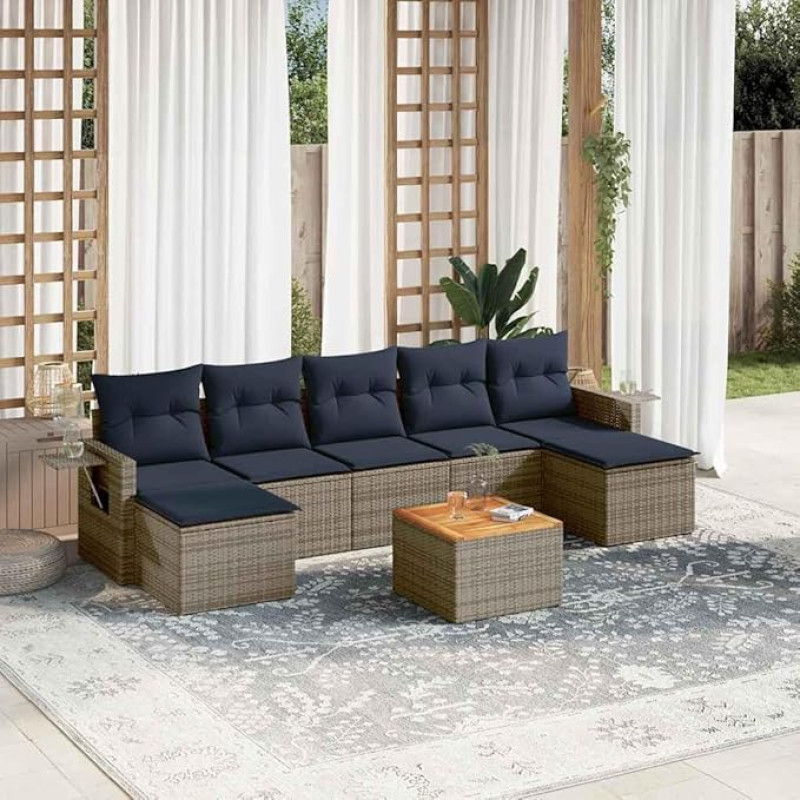 8-teiliges Gartensofa-Set mit Kissen in grauem Polyrattan, Gartenmöbel Set 8-teilig Polyrattan inklusive Beistelltisch aus Akazienholz