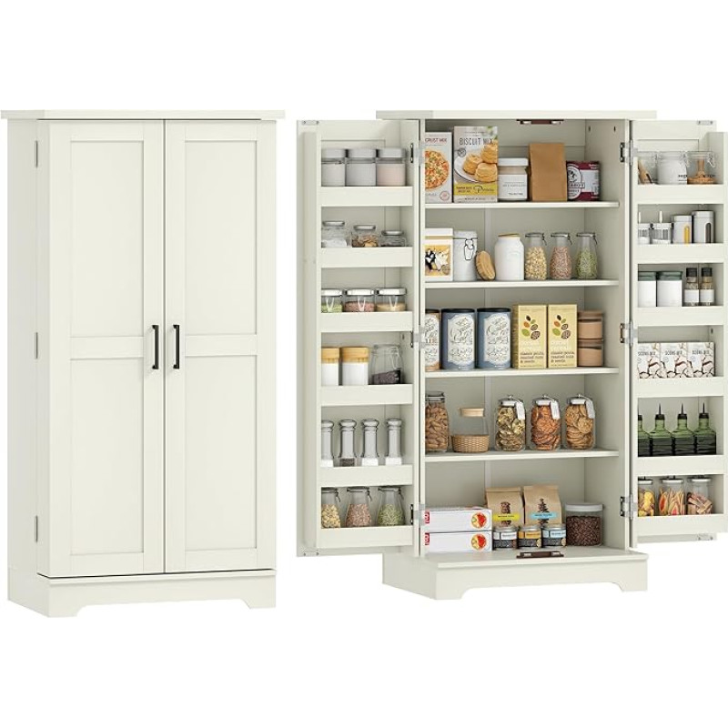 HOMCOM Virtuvės bufetas Virtuvės spintelė spintelė 5 pakopų su durelėmis ir reguliuojamomis lentynomis 60 x 40 x 120 cm Medžio tekstūros kreminė