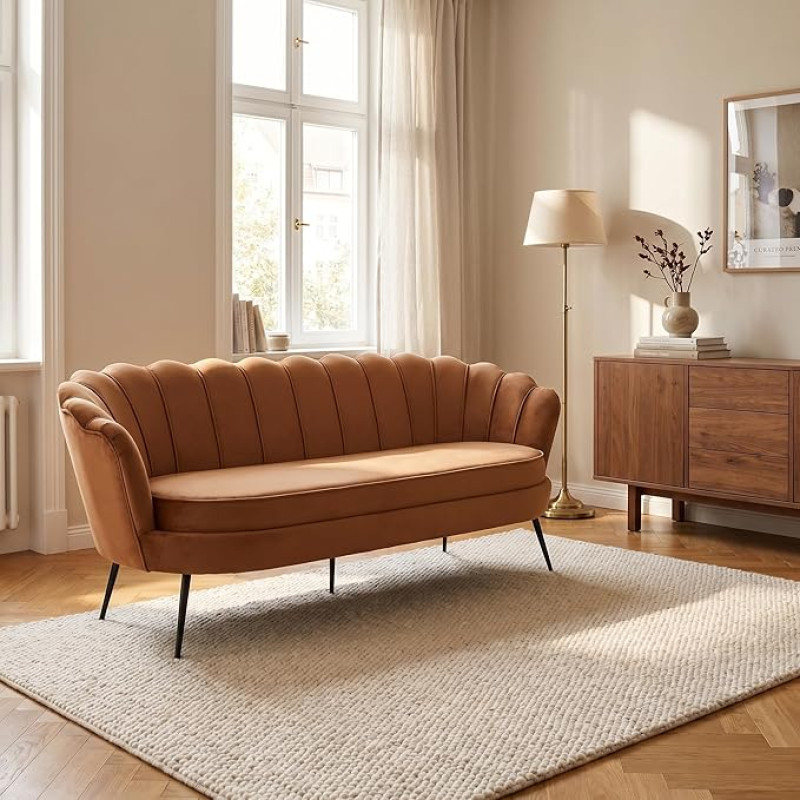 ebuy24 Graži 3-vietė sofa 3 asmenims, veliūras konjakas, 181 x 79 x 78 cm, 3-vietė minkšta sofa, trijų vietų svetainės sofa, moderni skandinaviško audinio sofa, svetainės sofa, svetainės baldai