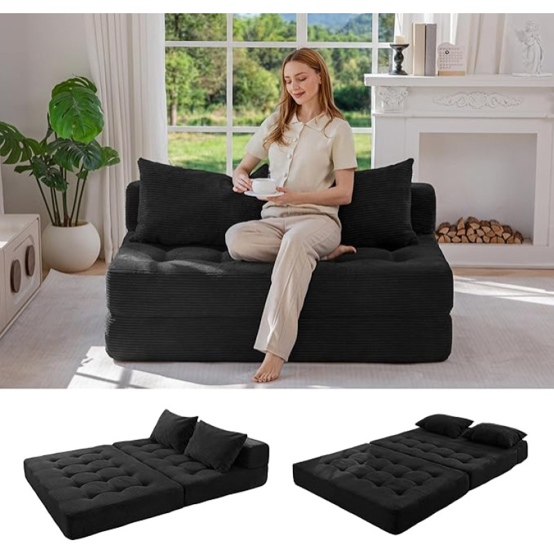 MAXYOYOYO Modulinė sofa Bett, Umbaubares Schlafsofa mit Klappschlafer und Kissen, Kordstoff-getufteter Boden Couch Ohne Gestell für Wohnzimmer, Schlafzimmer, Gästezimmer, Kein Montageaufwand