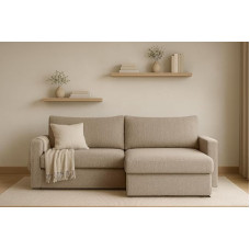 Kaiser Möbel - Kampinė sofa su miego funkcija ir lovos dėže - Kampinė sofa 224 x 140 x 85 cm - L formos sofa, gyvenamasis peizažas - Patogi sofa su baldakimu - Lubeka - Audinys Faro - Tamsiai smėlio spalvos - Dešinė