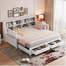 Išskleidžiama medžio masyvo sofa-lova 90/180 x 190 cm, dienos lova, jaunimo lova, spintelė su įkrovimo lizdu šoniniame atloše, su 2 stalčiais ir skersiniu rėmu, daugiafunkcinė pušies lova, balta