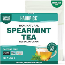 HANDPICK Spearmint Tea | 100 ekologiškų apvalių arbatos maišelių | Be kofeino ir be GMO | Pagaminta iš 100 % grynų mėtų lapų | Mėtų arbata, mėtų arbata | Vakuuminis sandarinimas