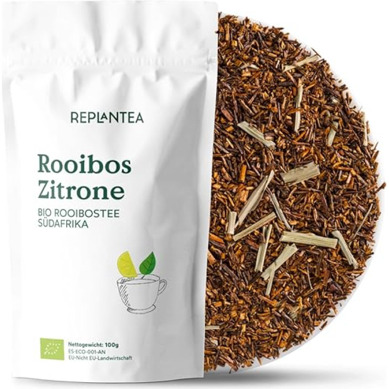 REPLANTEA Bio Rooibos Tee Zitrone & Zitronengras 100g | Koffeinfrei & Erfrischend | 50 Tassen | Loser Rotbuschtee ohne Tein