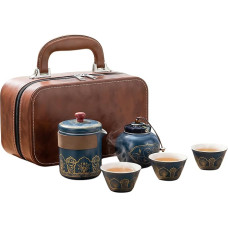 4 dalių keraminis kelioninis rinkinys su 1 arbatinuku, 3 puodeliais, sietelio įdėklu ir laikymo skardine, odiniu krepšeliu, sulankstomu Matcha, Oolong, žaliajai arbatai, dovana arbatos mėgėjams per Kalėdas