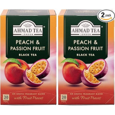 Ahmad Tea - Peach & Passionfruit - Juodoji arbata su persikais ir pasiflorų vaisiais - su vaisių gabalėliais - atskirai suvynioti, aromatingai uždaryti arbatos maišeliai su 2 g arbatos vienoje porcijoje - 20 arbatos maišelių su juostele