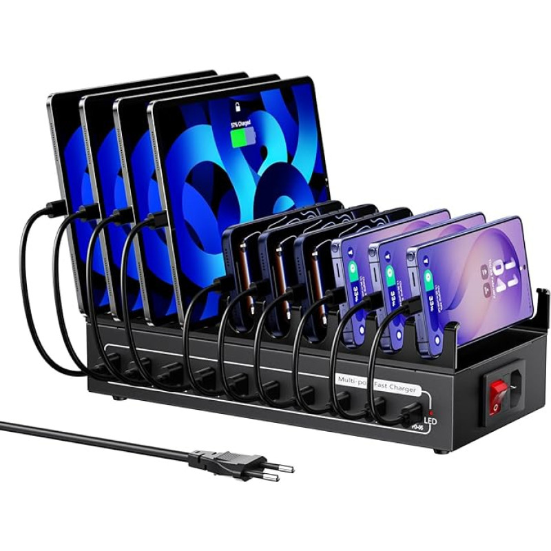 Keli USB C įkrovikliai, USB įkrovimo stotelė keliems įrenginiams, bendra galia 200 W, 10 prievadų, 5USBA ir 5USBC, įkrovimo stotelė, suderinama su 
