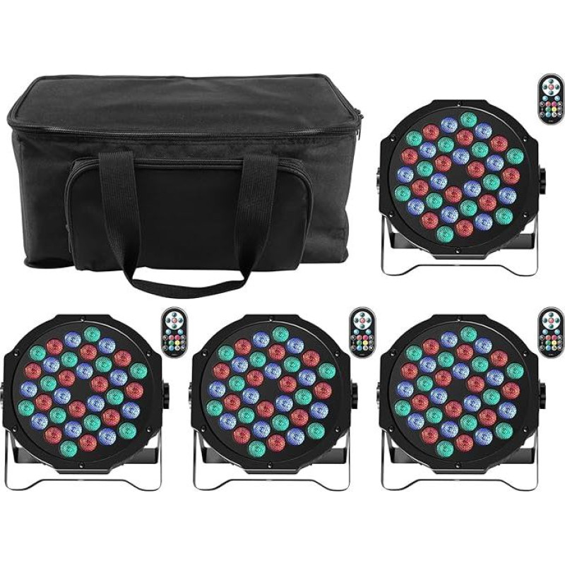 RGB LED Par prožektorius su krepšiu, 4 dalys, 72 W scenos žibintai su nuotolinio valdymo pulteliu, diskotekų šviesos, vakarėlių šviesos, 9 režimai, baro, klubo, šou, vestuvių, Kalėdų apšvietimas