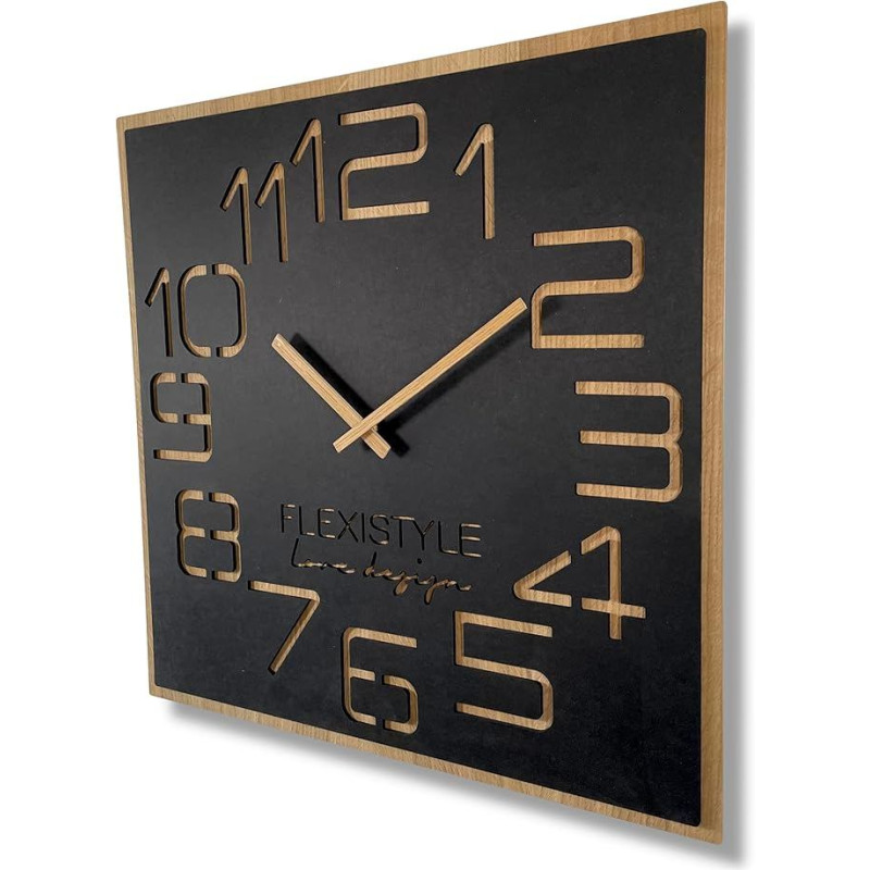 FLEXISTYLE Wanduhr groß 60 cm modern Holz Eiche - leise wanduhr ohne tickgeräusche, große wanduhr Wohnzimmer schwarz, wand uhr design, wall clock, uhr wand Badezimmer