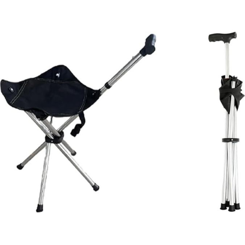 Adjustable Lightweight Travel Stool for Adults Folding Easy to Carry with Seat Walking Stick Folding Seat 250 lbs Camping Hiking Black
