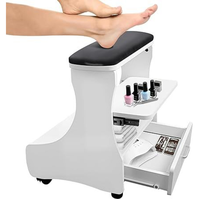 EBANKU Pedicure Footrest with Wheels, Manicure Footstool Made of PU Leather, Portable Spa Trolley for Home Salon, Nail and Massage Station, Smooth Mobile Footrest (Black)