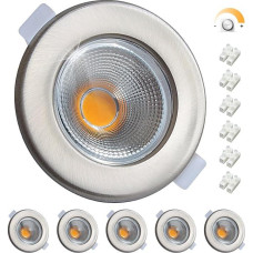 6 LED įleidžiami prožektoriai, 230 V, 7 W, reguliuojamas apšvietimas, LED prožektoriai, apvalūs, nerūdijančio plieno šlifuoti lubų prožektoriai, 65-85 mm, skylės dydis, 3000 K, šilta balta, įleidžiami šviestuvai, 600 LM, skirti