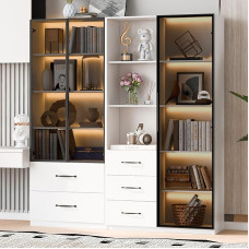 BTM Display Cabinet and Bookcase with Glass Doors, Tall Cabinet, Dustproof Glass Display Cabinet, Standing Display Cabinet with LED Lighting, White