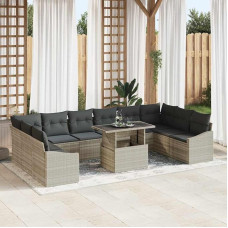 Garten Sofa Set Poly Rattan 11 teilig hellgrau mit abnehmbaren Kissen für Terrasse und Eck- sowie Mittelplätzen inklusive Tisch mit verstellbarem Sicherheitsglas