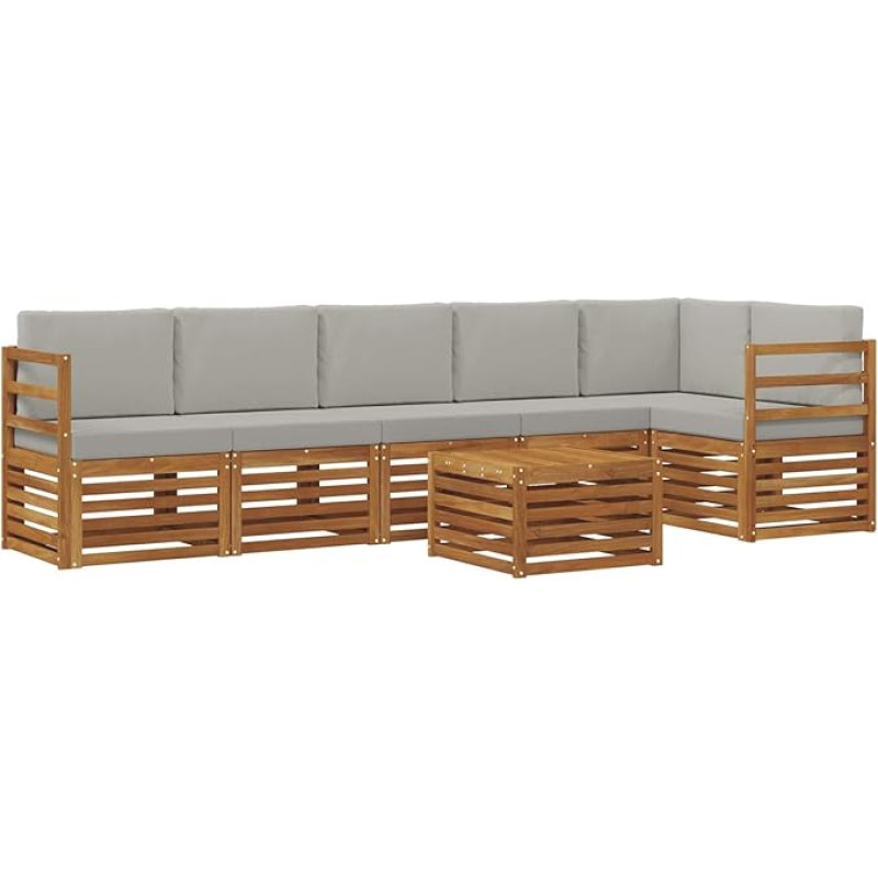 Gartenmöbel Set 7-teilig aus massivem Akazienholz, Outdoor Lounge Sofa Set mit Polstern, Modulares Gartensofa für Terrasse, Balkon und Garten, Natürlich und Hellgrau
