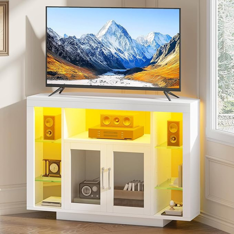 YITAHOME 100 cm kampinė spintelė su RGB LED apšvietimu, kampinė komoda TV spintelė iki 55 colių televizoriui su 7 atviromis žaidimų pramogų centro lentynomis Šiuolaikinis paprastas televizoriaus stovas-komoda