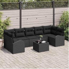 Garten-Sofa-Set 8-teilig Schwarz mit Kissen aus Poly-Rattan, rechteckiges modulares Garten-Sofa-Set mit Stahlrahmen für Terrasse und Außenbereich