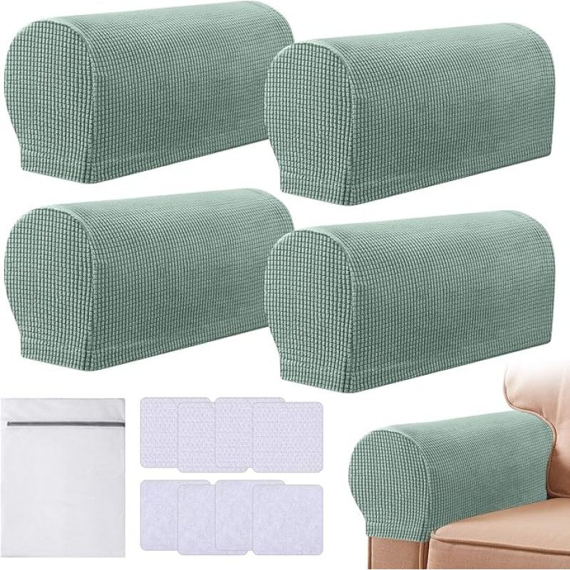 Armlehnen-Stuhlbezüge, 4er-Set, Stretch-Sesselbezüge für Armlehnen, rutschfest, Möbelschutz mit Wäschesack, maschinenwaschbar, Armlehnenbezug für Sofa, Couch, Liegestuhl (Grün)