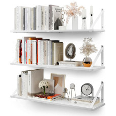 CASSA ZENO Sieninės plaukiojančios knygų lentynos, 3 vnt., 80 cm x 20 cm lentynos, skirtos miegamajam, svetainei, biurui, vonios kambariui, virtuvei, kaimiška mediena su metaliniu laikikliu (balta)