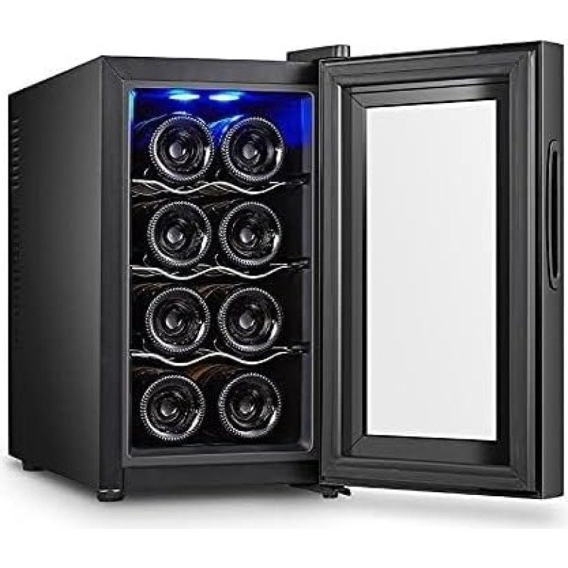 Kleiner Thermostat-Weinkühlschrank, 8-Flaschenkapazität, einstellbare Temperatur 12-18°C, LED-Touchscreen, leiser Betrieb mit Glastür