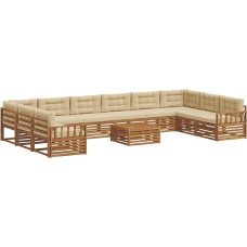 Gartenmöbel-Set 11-teilig aus massivem Akazienholz, modulares Outdoor Sofa Lounge-Set für Terrasse und Garten, naturfarben mit beigen Polstern, inkl. Tisch