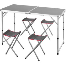AKTIVE 63161 Aliuminio sulankstomas stalas su 4 plieninėmis taburetėmis, reguliuojamo aukščio 60-70 cm, 120 x 60 cm paviršiaus, pilkos spalvos, nešiojamas, su rankena, skirtas stovyklavimui, paplūdimiui ir sodui