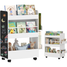 AIYAPLAY Children's Bookcase with Wheels, Children's Book Shelf with Wall Board, Storage Furniture, Shelf for Children's Room, 3 to 8 Years for Playroom, Children's Room, White
