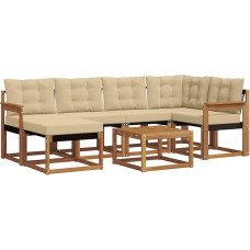 Salono komplektas 7-TLG. Gartenmöbel aus massivem Akazienholz und Textilene, modulares Outdoor Sofa inklusive Tisch, Hocker und Kissen, Sitzgruppe für Terrasse, Balkon und Garten, Natur Beige