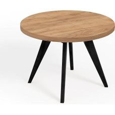 LORA Round Extendable Dining Room Table with Wooden Legs, Loft Style, Scandinavian, Diameter Variants: from 90 to 220 cm (Oak Craft Golden/Black, Diameter: 90/140 cm)