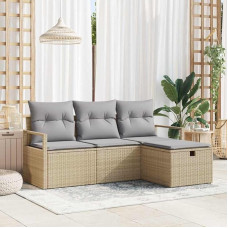 Modulares Terrassen Sofa Set 4-teilig in Schwarz und Creme aus Poly-Rattan als Garten Sitzgruppe und Outdoor Sofagarnitur mit Kissen