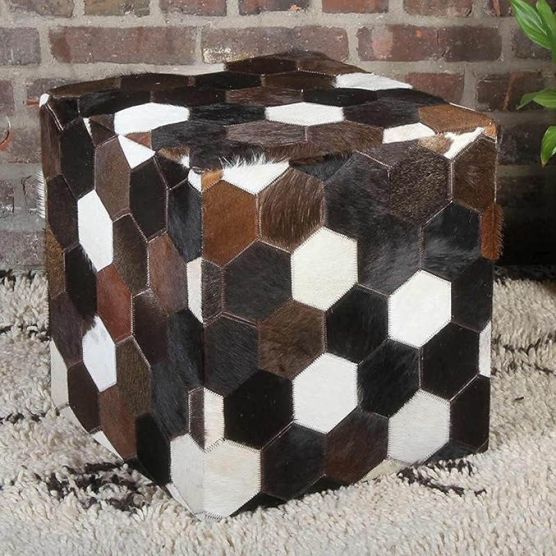 Patchwork Pouf Fur Stool Vanita 45 x 45 x 48 cm (W x D x H) Real Fur & Wood Stool Square Real Leather Seat Cushion HH5604