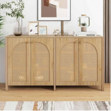 KOMHTOM Rattan Sideboard Storage Furniture for Living Room Kitchen Furniture with 4 Doors and Adjustable Dividers Bedroom Furniture (Wood Color)