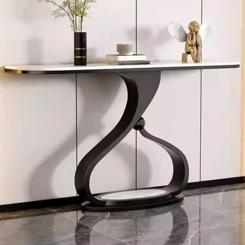 Moderne geschwungene Konsole mit Marmorplatte, zeitgemäßer Eingangstisch mit einzigartigem skulpturalen Sockeldesign - Elegantes Akzentmöbel für Flur, Wohnzimmer und Foyer(Black+White,39.3