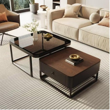 Couchtisch 2er Set - Quadratische Tische im Bauernhausstil mit Tischplatte aus gehärtetem Glas und Rattan-Aufbewahrung für Wohnzimmer & Schlafzimmer