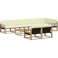 Outdoor-Sofagarnitur 9-teilig aus massivem Akazienholz, Modulares Gartenmöbel Set für Terrasse, Lounge-Garnitur mit Kissen in Weiß und Creme, 8 Sitzplätze