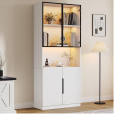 Moderni minimalistinė vitrina 80 x 30 x 200 cm su stiklinėmis durimis, su LED lemputėmis, knygų spinta kolekcionuojamiems daiktams, reguliuojama spalvų temperatūra ir ryškumas, balta