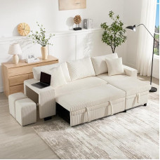 Kampinė sofa su miego funkcija ir lovos dėže, sofa su 3 sėdimomis vietomis, USB įkrovimo prievadu ir pagalvėle, kampinė L formos sofa su šoninėmis lentynomis ir laikymo vieta, gyvenamasis kraštovaizdis su 2 taburetėmis, smėlio spalvos, laidas